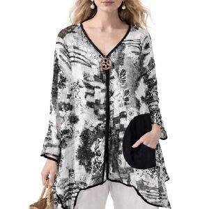 Kaktus Abstract Artsy Linen Cotton Tunic Top Lagenlook Boho Sharkbite XL NWT